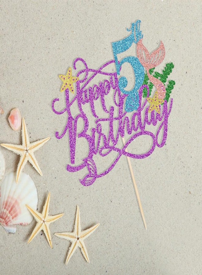 Qertesl Mermaid 5 Cake Topper, Happy 5th Birthday Cake Decor,Under The Sea Theme Girl Kid First Birthday Cake Supplies/Ocean World One Mermaid Party Decoration Supplies Purple - Image 2