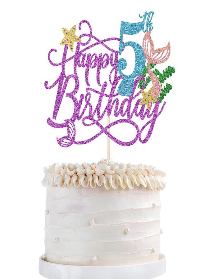 Qertesl Mermaid 5 Cake Topper, Happy 5th Birthday Cake Decor,Under The Sea Theme Girl Kid First Birthday Cake Supplies/Ocean World One Mermaid Party Decoration Supplies Purple - Image 1