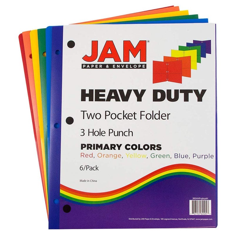 JAM PAPER Heavy Duty Plastic 3 Hole Punch Pocket Folders - Extra Tough School Folders - Assorted Primary Colors - 6/Pack - Image 2