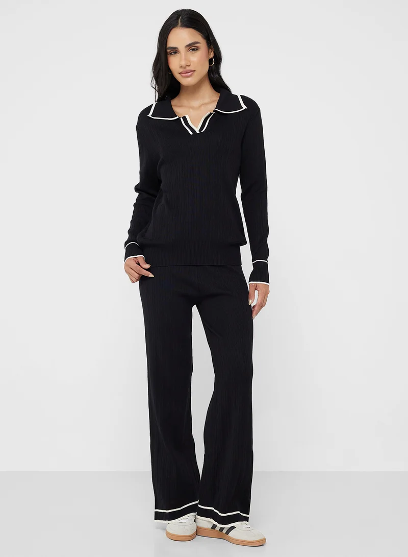 جينجر بيسيكس Polo Kneck Fine Knit Top & Pant Coord Set