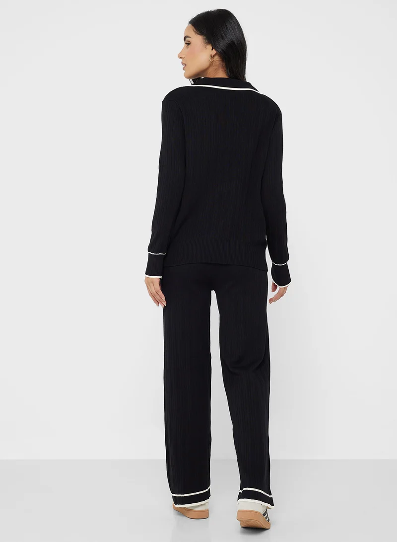 جينجر بيسيكس Polo Kneck Fine Knit Top & Pant Coord Set