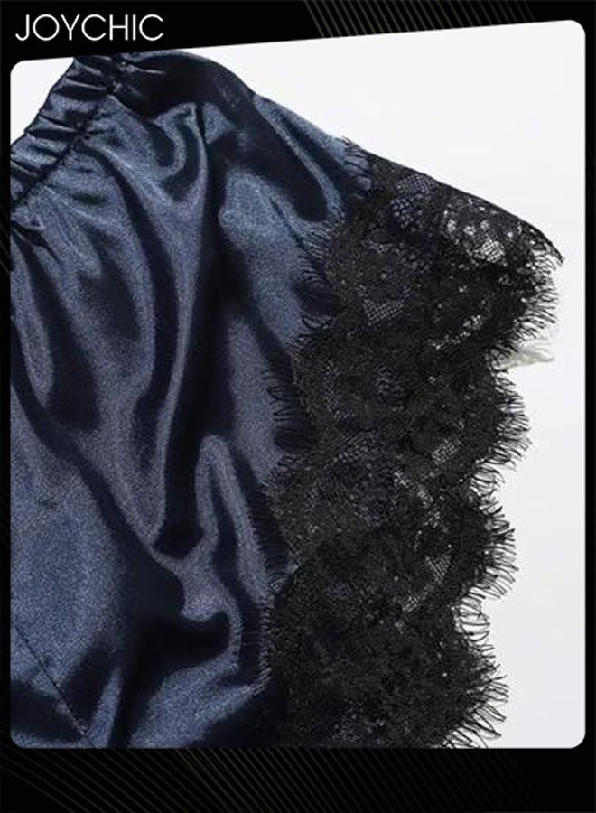 Joychic 4-piece Romatic Women Nightwear Sets Silk Satin Nightgown Spring and Summer Breathable Ladies  Lace V-neck Pajamas Navy Blue - Image 3