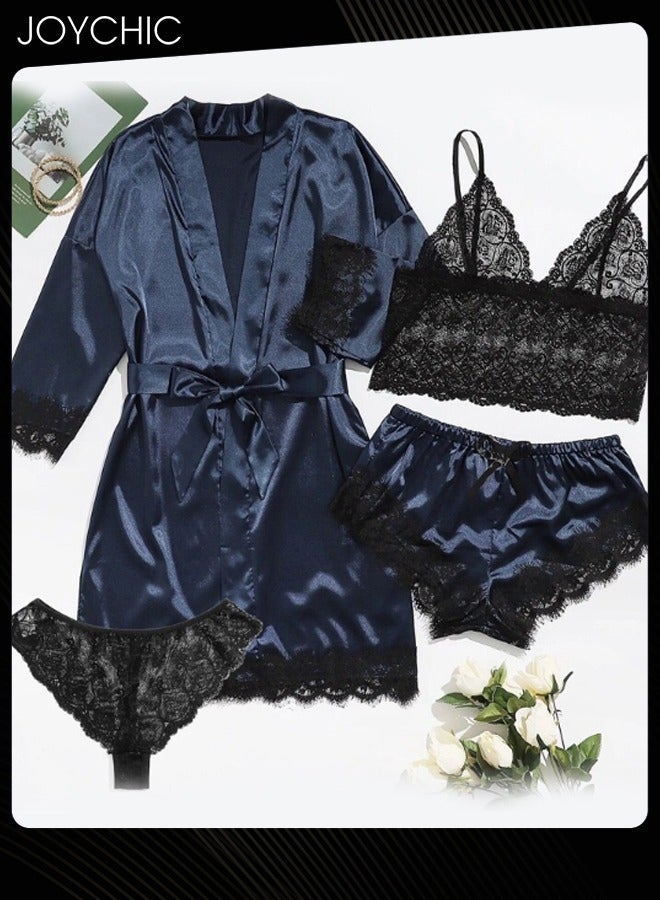 Joychic 4-piece Romatic Women Nightwear Sets Silk Satin Nightgown Spring and Summer Breathable Ladies  Lace V-neck Pajamas Navy Blue - Image 1