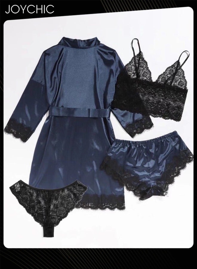 Joychic 4-piece Romatic Women Nightwear Sets Silk Satin Nightgown Spring and Summer Breathable Ladies  Lace V-neck Pajamas Navy Blue - Image 2