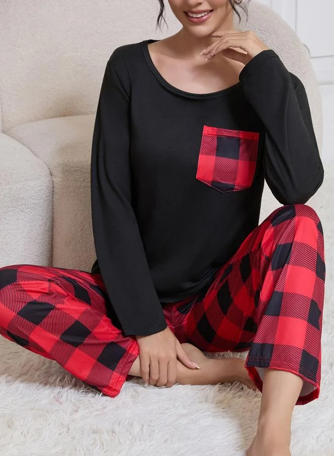 Take Two Take Two Pocket Detail Scoop Neck T-Shirt and Checked Pyjama Set