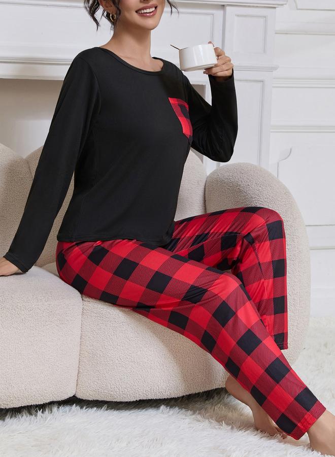 Take Two Pocket Detail Scoop Neck T-Shirt and Checked Pyjama Set - Image 3