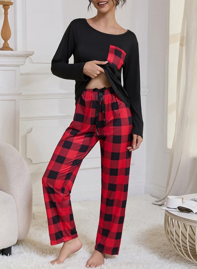 Take Two Pocket Detail Scoop Neck T-Shirt and Checked Pyjama Set - Image 4