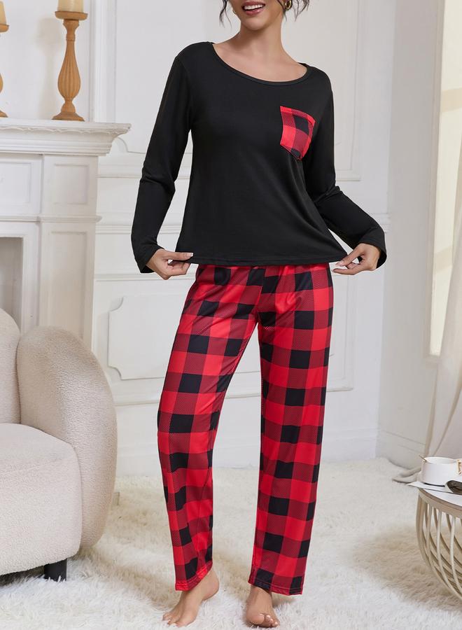 Take Two Pocket Detail Scoop Neck T-Shirt and Checked Pyjama Set - Image 5