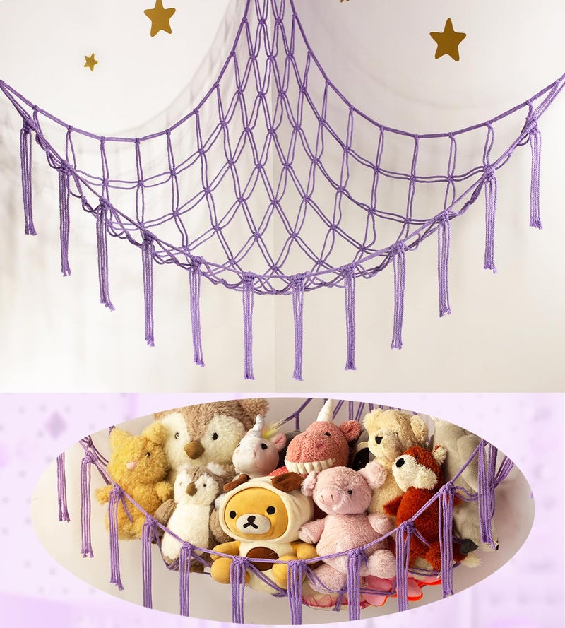 mirolam Stuffed Animal Storage Hammock or Net - Toy Hammock Net for Stuffed Animals Corner - Hanging Stuff Animal Organizer Holder Ideas for Plush Plushie - Purple Kids Baby Nursery Wall Bedroom Room Decor - Image 1