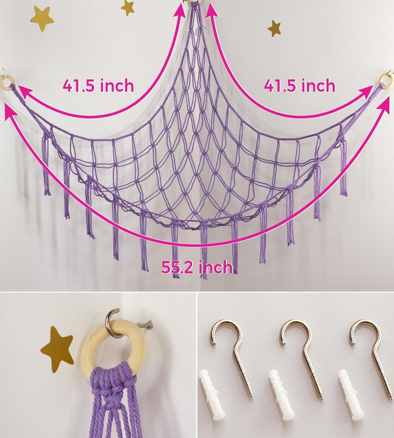 mirolam Stuffed Animal Storage Hammock or Net - Toy Hammock Net for Stuffed Animals Corner - Hanging Stuff Animal Organizer Holder Ideas for Plush Plushie - Purple Kids Baby Nursery Wall Bedroom Room Decor - Image 5