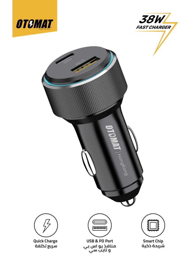 OTOMAT 38W Fast Car Charger with USB QC & Type-C PD – Quick Charge Technology, Dual Port Charging for iPhone, Android, Power Banks, Tablets – Smart Protection Features – Black - Image 1