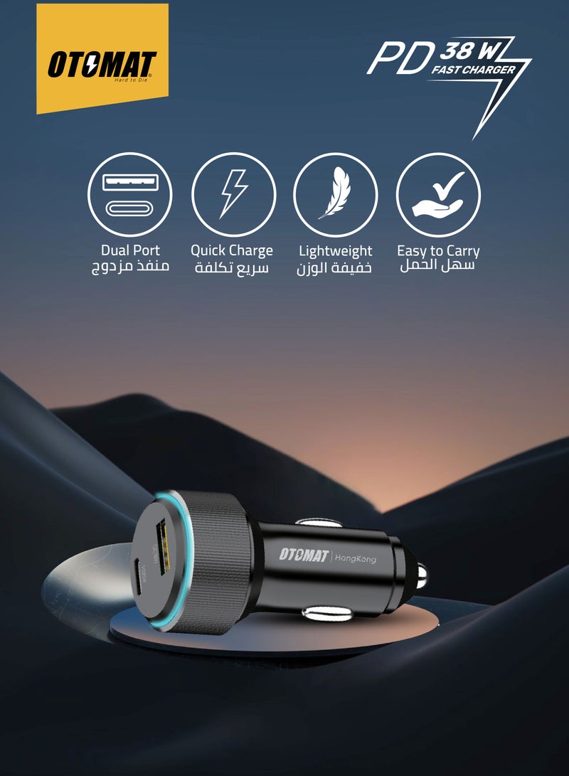 OTOMAT 38W Fast Car Charger with USB QC & Type-C PD – Quick Charge Technology, Dual Port Charging for iPhone, Android, Power Banks, Tablets – Smart Protection Features – Black - Image 2