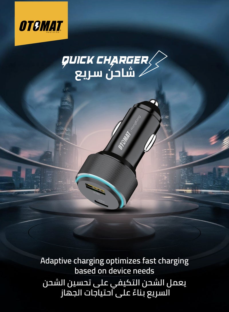 OTOMAT 38W Fast Car Charger with USB QC & Type-C PD – Quick Charge Technology, Dual Port Charging for iPhone, Android, Power Banks, Tablets – Smart Protection Features – Black - Image 3