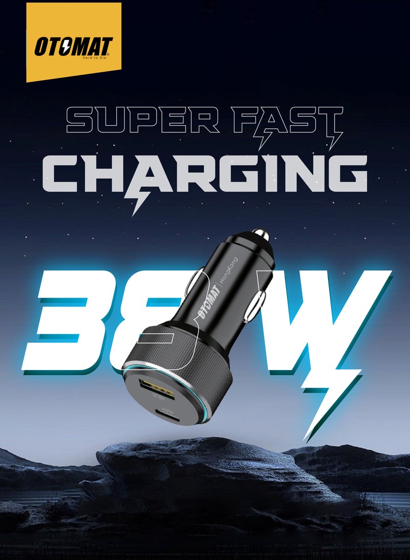 OTOMAT 38W Fast Car Charger with USB QC & Type-C PD – Quick Charge Technology, Dual Port Charging for iPhone, Android, Power Banks, Tablets – Smart Protection Features – Black - Image 4