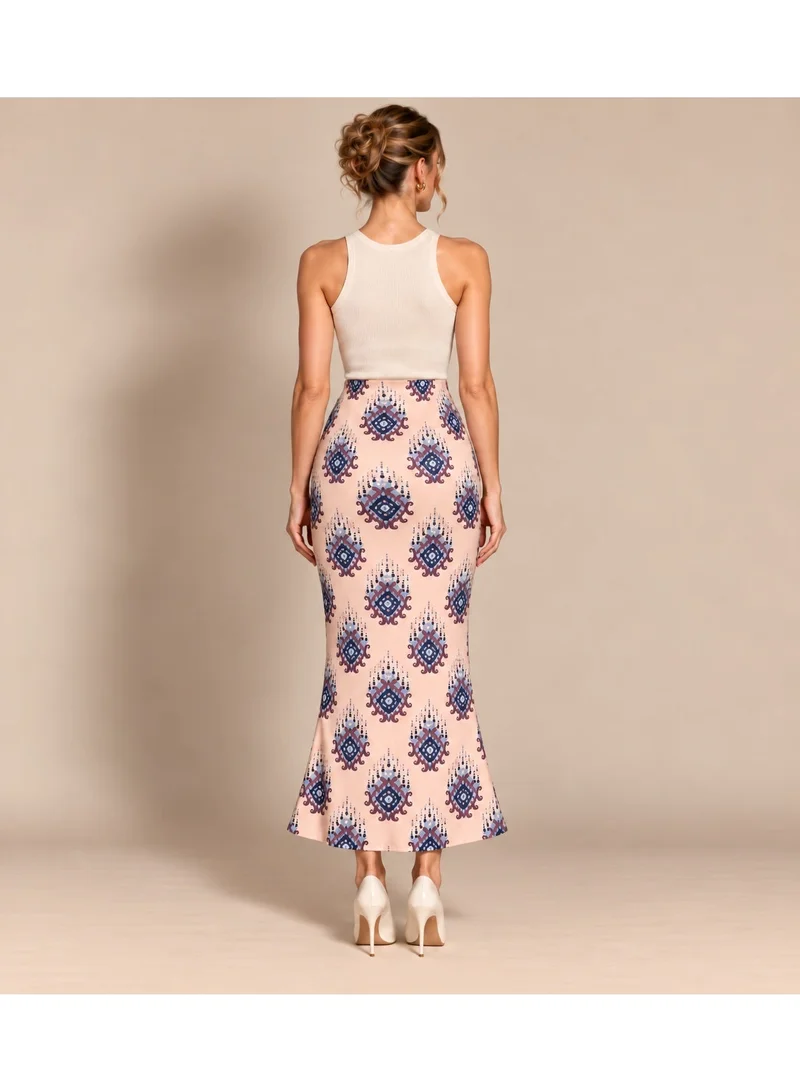2Trendy Women's Pink Midi Skirt with Mermaid Cut, High Waist and Motif Print