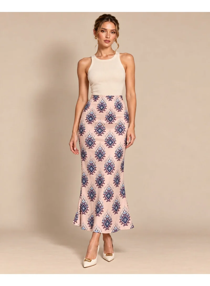 2Trendy Women's Pink Midi Skirt with Mermaid Cut, High Waist and Motif Print