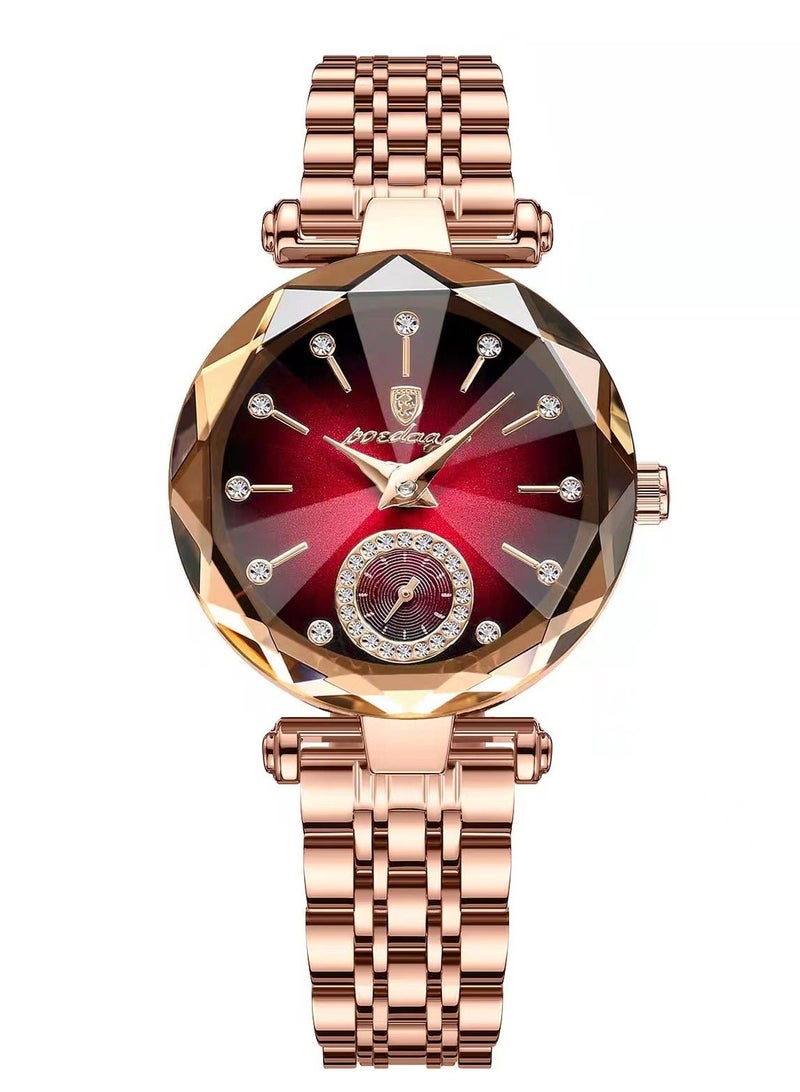 POEDAGAR Women Fashion Quartz Wrist Watch, Rose Gold Stainless Steel Band Red Dial Ladies Analog Watch with Diamond Markers, 3ATM Waterproof Butterfly Buckle Elegant Dress Watch - Image 1