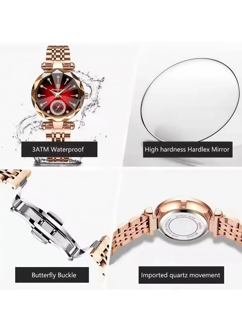 POEDAGAR Women Fashion Quartz Wrist Watch, Rose Gold Stainless Steel Band Red Dial Ladies Analog Watch with Diamond Markers, 3ATM Waterproof Butterfly Buckle Elegant Dress Watch - Image 4