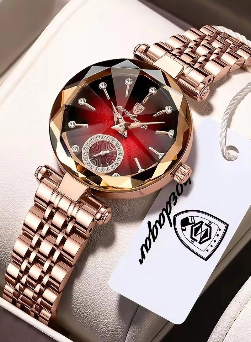 POEDAGAR Women Fashion Quartz Wrist Watch, Rose Gold Stainless Steel Band Red Dial Ladies Analog Watch with Diamond Markers, 3ATM Waterproof Butterfly Buckle Elegant Dress Watch - Image 2