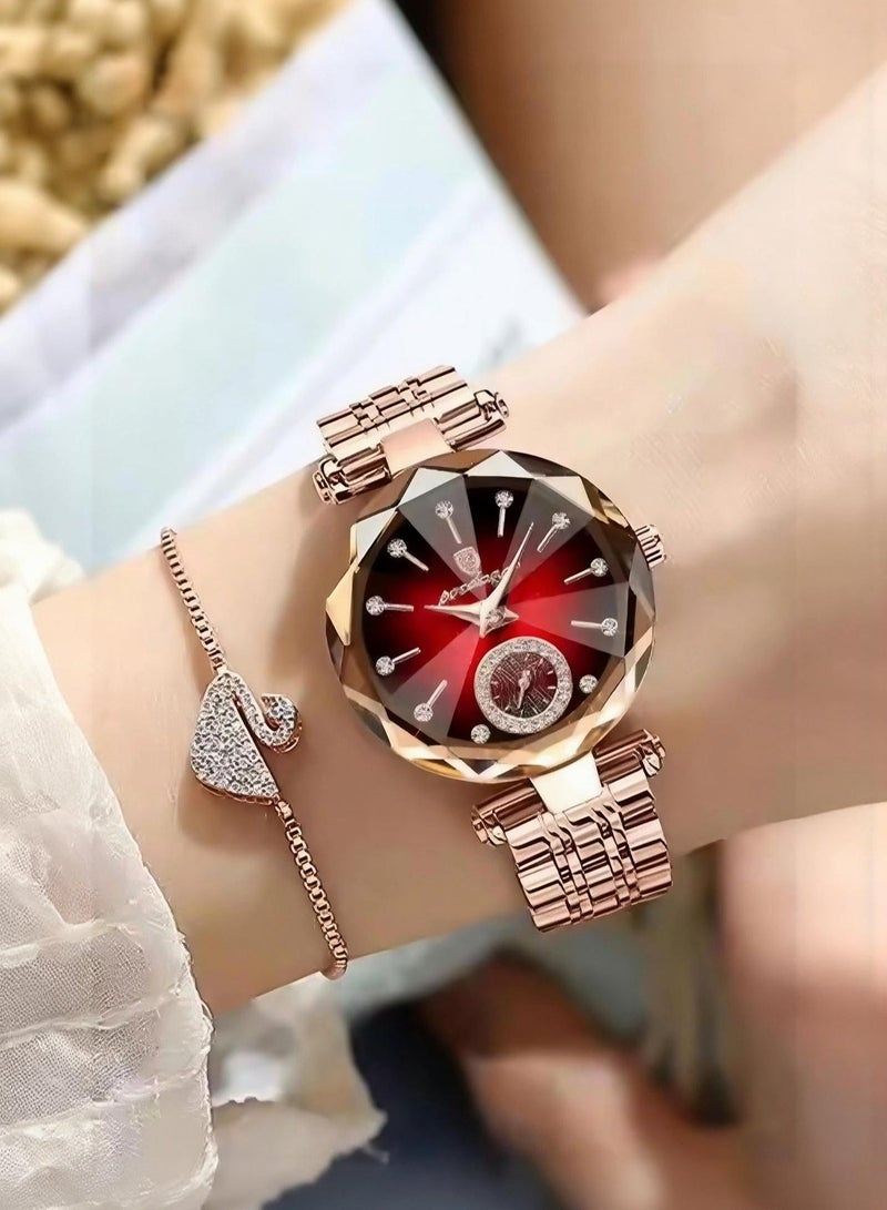 POEDAGAR Women Fashion Quartz Wrist Watch, Rose Gold Stainless Steel Band Red Dial Ladies Analog Watch with Diamond Markers, 3ATM Waterproof Butterfly Buckle Elegant Dress Watch - Image 5