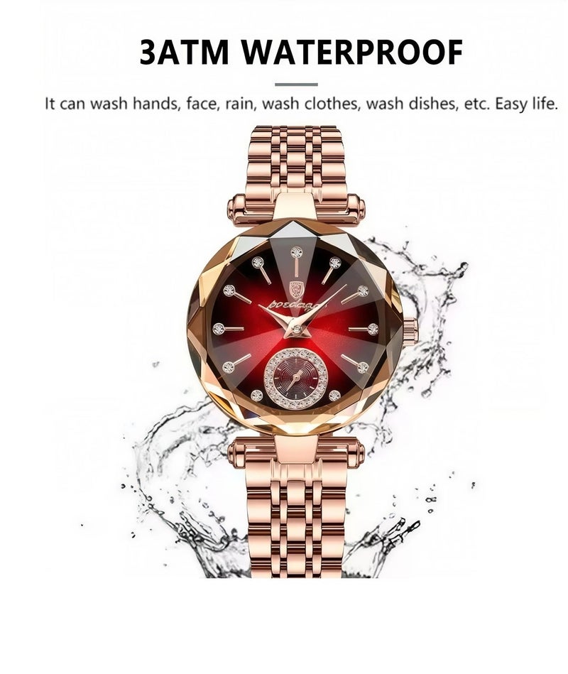 POEDAGAR Women Fashion Quartz Wrist Watch, Rose Gold Stainless Steel Band Red Dial Ladies Analog Watch with Diamond Markers, 3ATM Waterproof Butterfly Buckle Elegant Dress Watch - Image 3