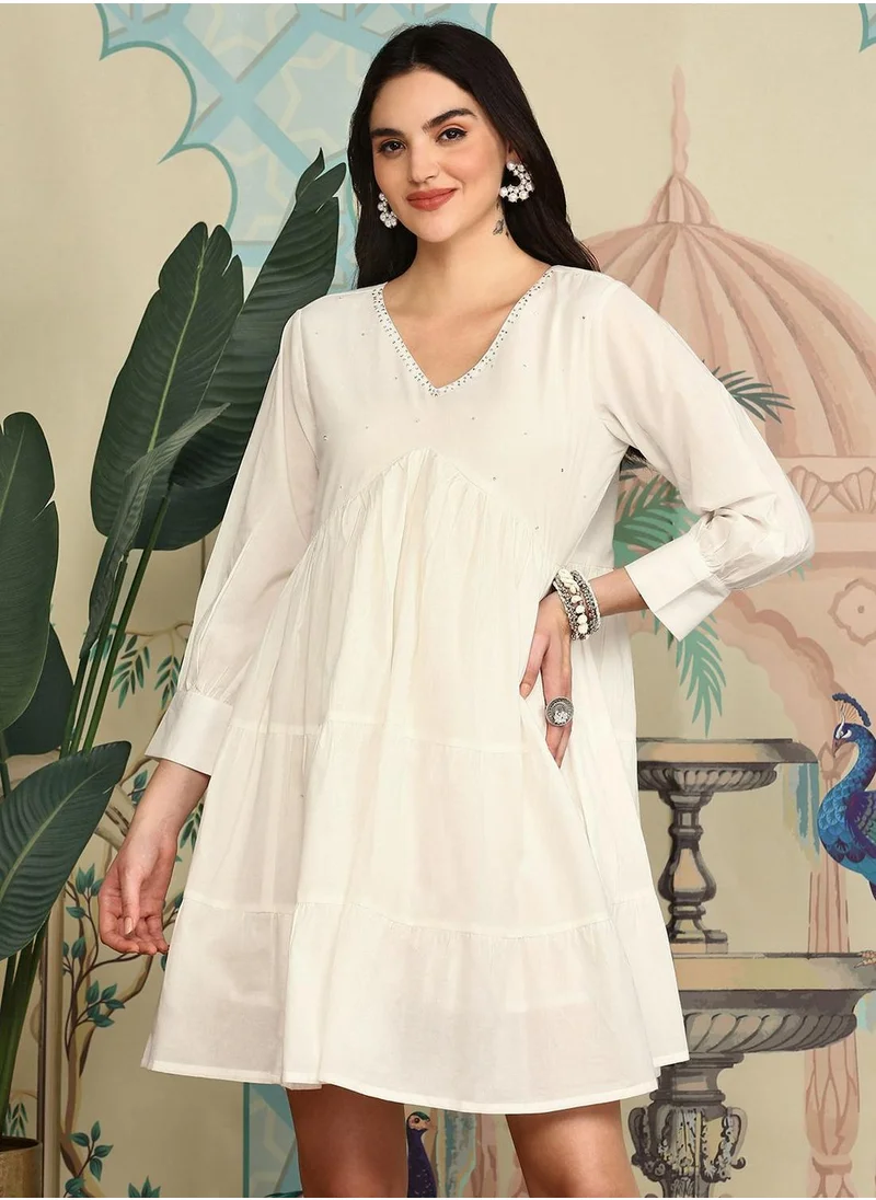 ISHIN Regular Fit Three-Quarter Sleeve Printed White Cotton Woven Dresses For Women Flat Collar Perfect For Wedding And Engagement Pull On Closure