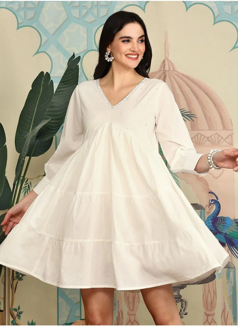آي شين Women's White 100% Cotton Printed Midi Smock Regular Fit Dress