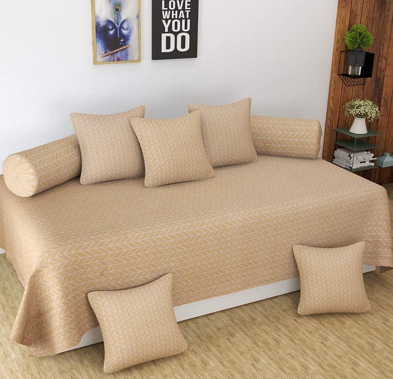MORADO MORADO 160 TC Glace Cotton 8 Pcs Diwan Set Including Bedsheet 5 Cushion Covers and 2 Bolster Covers Light Brown Medium  - Image 1