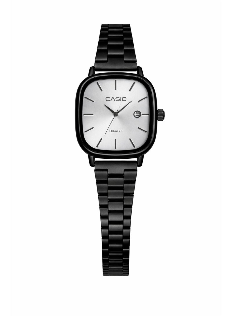 ساعة كاسيو مربعة الشكل من الفولاذ المقاوم للصدأ الأسود مع مينا فضي وعرض للتاريخ