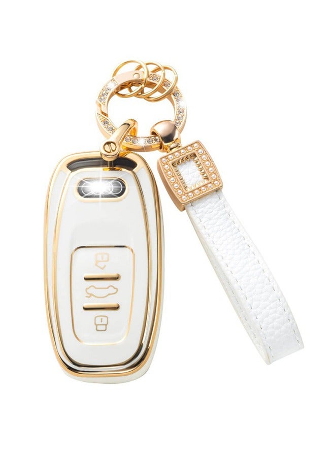 Soft TPU Smart Remote Car Key FOB Cover Holder Case Fit for Audi Key Fob Cover with Leather Lanyard, Car Key Fob Case Compatible with R8 Q5 Q7 S3 S4 S5 S6 S7 S8 SQ5 RS5 RS7 A4 A5 A6 A7 A8 (White) - Image 1