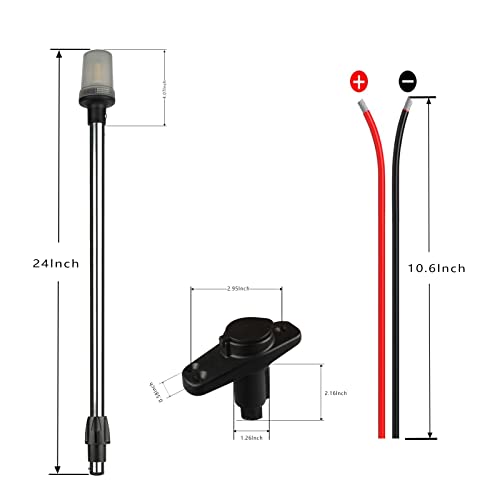 Besramtic Stern Light Anchor Light LED Marine Boat Navigations Lights Pole USCG 2 NM All Round White Removable 2 Pin 10-24 Volt 24 Inches (Plug In Angled Base) - Image 5