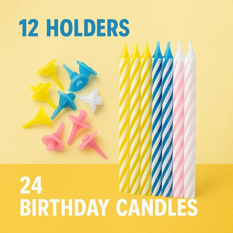 Fitto Birthday Candles 24 pcs + 12 Holders | Numeric Cake Candles & Holders for Birthday Party, Celebration, Party Supplies - Image 2