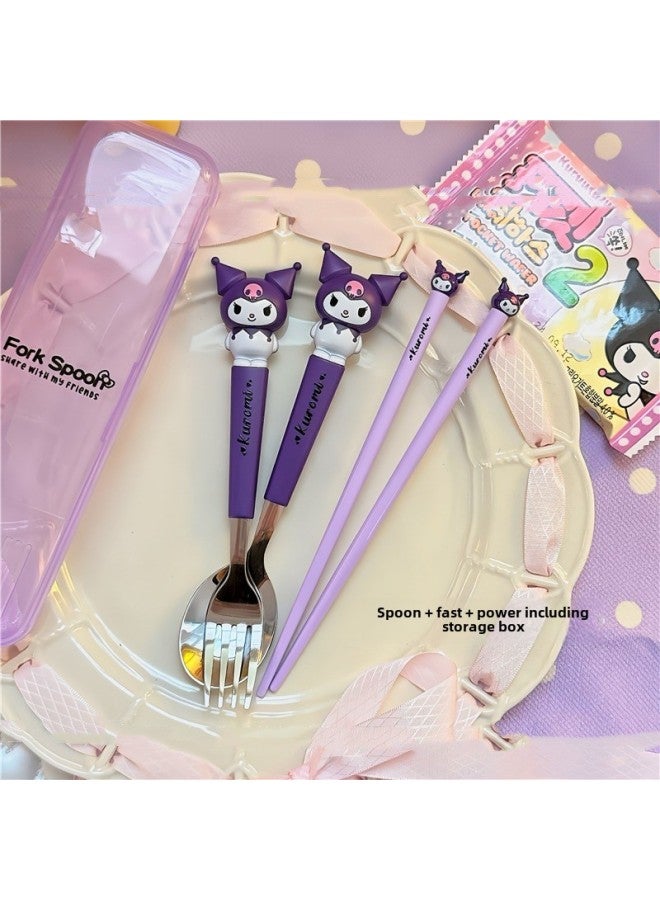 HL-015 Cartoon Sanlio Portable Tableware Suit Stainless Steel Spoon Fork Chopsticks Cross-border Hot Sale Non-slip Chopsticks-Specifications:Krm Three-piece Tableware Set - Image 1