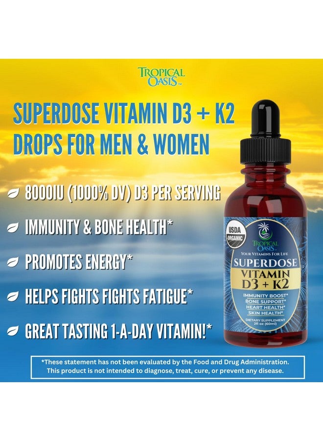 تروبيكال أويسيز قطرات فيتامين د3 ك2 السائلة، عضوي معتمد من وزارة الزراعة الأمريكية، للبالغين | جرعة فائقة من فيتامين د3 النقي 8000 وحدة دولية | 60 جرعة | مكمل غذائي لفيتامين د ك2 لدعم المناعة وصحة العظام | امتصاص 98% | نباتي، غير معدل وراثيًا | 2 أونصة سائلة - Image 3