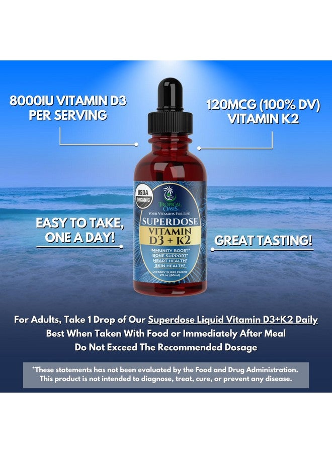 تروبيكال أويسيز قطرات فيتامين د3 ك2 السائلة، عضوي معتمد من وزارة الزراعة الأمريكية، للبالغين | جرعة فائقة من فيتامين د3 النقي 8000 وحدة دولية | 60 جرعة | مكمل غذائي لفيتامين د ك2 لدعم المناعة وصحة العظام | امتصاص 98% | نباتي، غير معدل وراثيًا | 2 أونصة سائلة - Image 4