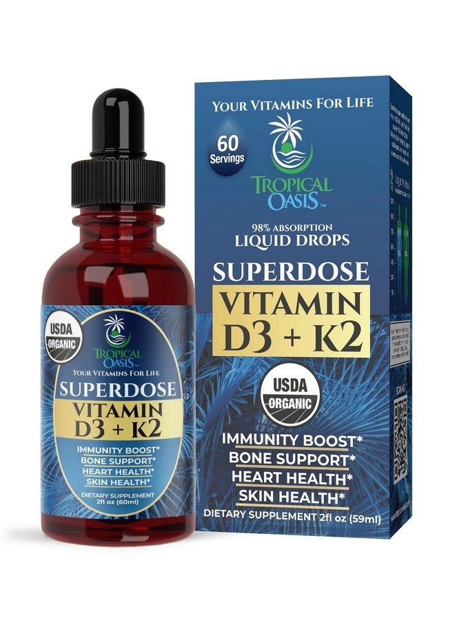 تروبيكال أويسيز قطرات فيتامين د3 ك2 السائلة، عضوي معتمد من وزارة الزراعة الأمريكية، للبالغين | جرعة فائقة من فيتامين د3 النقي 8000 وحدة دولية | 60 جرعة | مكمل غذائي لفيتامين د ك2 لدعم المناعة وصحة العظام | امتصاص 98% | نباتي، غير معدل وراثيًا | 2 أونصة سائلة - Image 1
