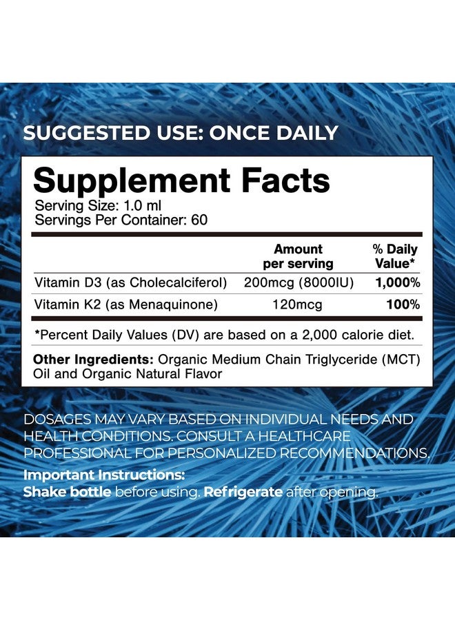 تروبيكال أويسيز قطرات فيتامين د3 ك2 السائلة، عضوي معتمد من وزارة الزراعة الأمريكية، للبالغين | جرعة فائقة من فيتامين د3 النقي 8000 وحدة دولية | 60 جرعة | مكمل غذائي لفيتامين د ك2 لدعم المناعة وصحة العظام | امتصاص 98% | نباتي، غير معدل وراثيًا | 2 أونصة سائلة - Image 2