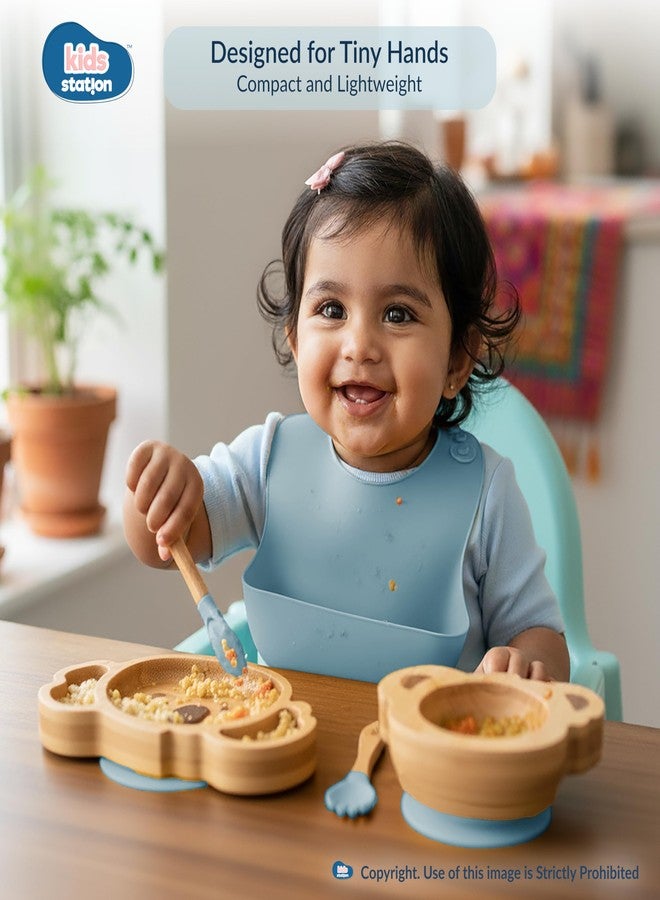 طقم تغذية للأطفال من السيليكون بتصميم كوالا من كيدز ستيشن، مكون من 5 قطع | خالٍ من مادة BPA، يشمل طبق شفط، وعاء، ملعقة، شوكة، ومريلة | مثالي للرضع والأطفال الصغار (طقم تغذية كوالا من 5 قطع، أزرق) - Image 5