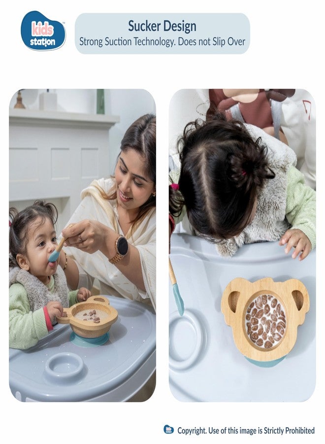 طقم تغذية للأطفال من السيليكون بتصميم كوالا من كيدز ستيشن، مكون من 5 قطع | خالٍ من مادة BPA، يشمل طبق شفط، وعاء، ملعقة، شوكة، ومريلة | مثالي للرضع والأطفال الصغار (طقم تغذية كوالا من 5 قطع، أزرق) - Image 4