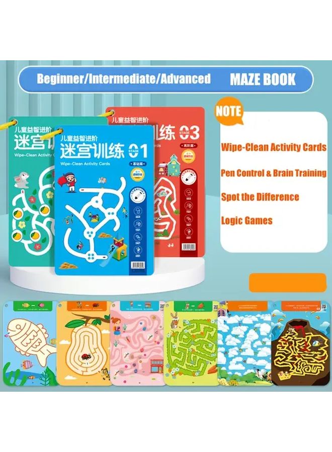 Kids Maze Puzzle Book Set Advanced Level 64 Page Reusable Wipe Clean Activity Cards For Focus Pen Control And Brain Training Spot The Difference Logic Games Ages 4 8 - Image 1