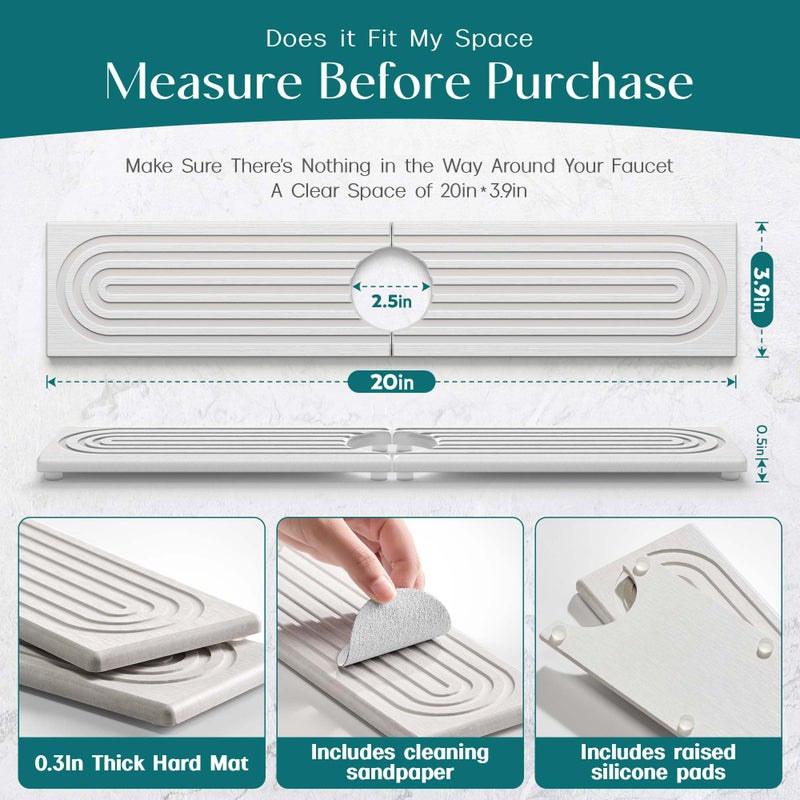 Eormoe Stone Faucet Mat for Kitchen Sink â€“ Diatomite Drying Stone Mat & Sink Protector, Prevents Moisture â€“ Sink Splash Guard Water-Absorbing Stone Tray for Bathroom Counter (Light Grey, 20" x 3.9") - Image 2