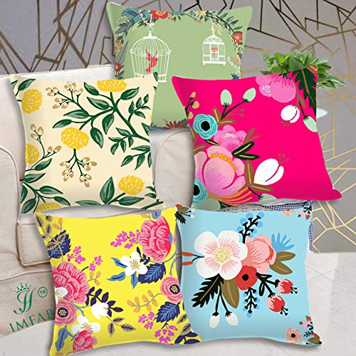 IM FAB Floral Multicolour Digital Printed Decorative Canvas Cotton Cushion Covers Set of 5 pcs (16X16 inches or 40X40 cms) - Image 1