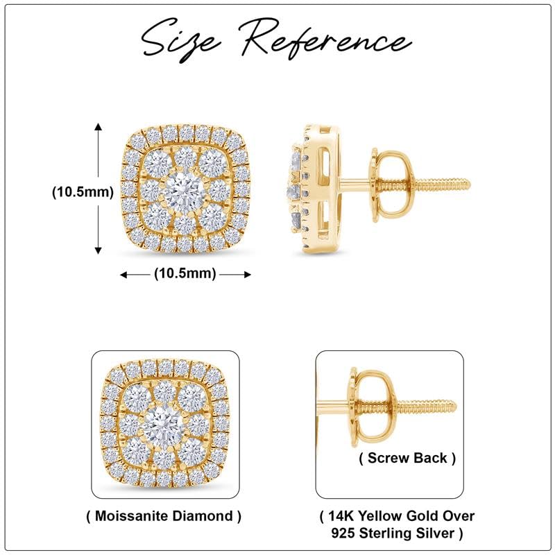 SAVEARTH DIAMONDS Halo Cluster Stud Earrings for Women Round Cut Lab Created Moissanite Cushion Frame Ear Studs in 14k Yellow Gold Plated 925 Sterling Silver Fine Jewelry Gift for Her - Image 2