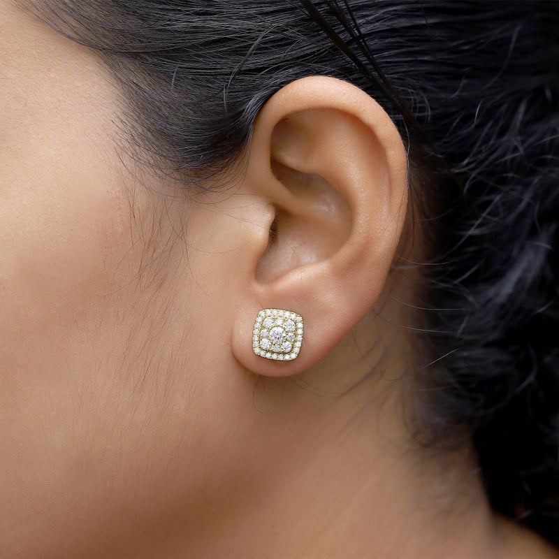 SAVEARTH DIAMONDS Halo Cluster Stud Earrings for Women Round Cut Lab Created Moissanite Cushion Frame Ear Studs in 14k Yellow Gold Plated 925 Sterling Silver Fine Jewelry Gift for Her - Image 3