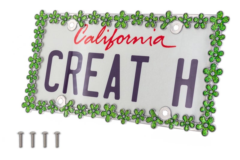 Creathome 3D Shining Daisy Wrenth License Plate Frame from Pure Zinc Alloy Metal Perfect Plate Holder, Chrome with Green - Image 1