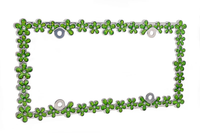 Creathome 3D Shining Daisy Wrenth License Plate Frame from Pure Zinc Alloy Metal Perfect Plate Holder, Chrome with Green - Image 3