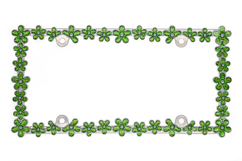 Creathome 3D Shining Daisy Wrenth License Plate Frame from Pure Zinc Alloy Metal Perfect Plate Holder, Chrome with Green - Image 2