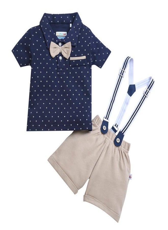 BUMZEE Beige & Navy Boys Half Sleeves T-shirt & Short Set With Bow Suspender Age - 12-18 Months - Image 1