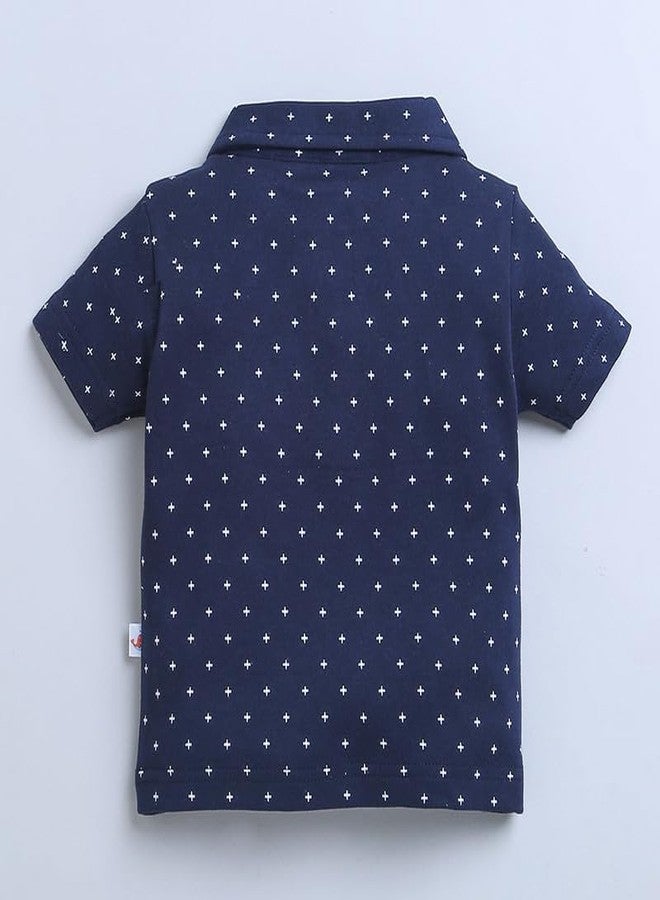 BUMZEE Beige & Navy Boys Half Sleeves T-shirt & Short Set With Bow Suspender Age - 12-18 Months - Image 3