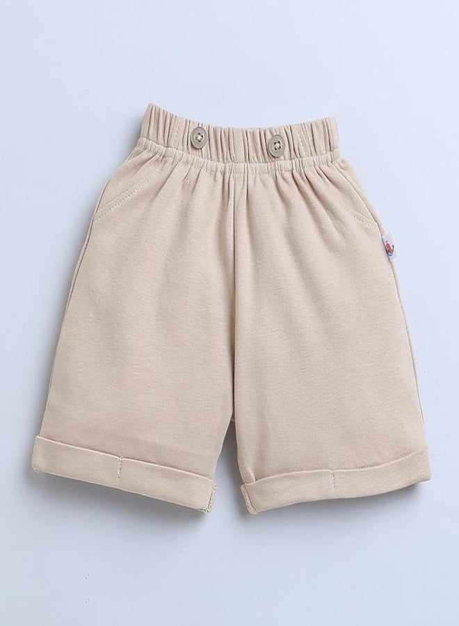 BUMZEE Beige & Navy Boys Half Sleeves T-shirt & Short Set With Bow Suspender Age - 12-18 Months - Image 4